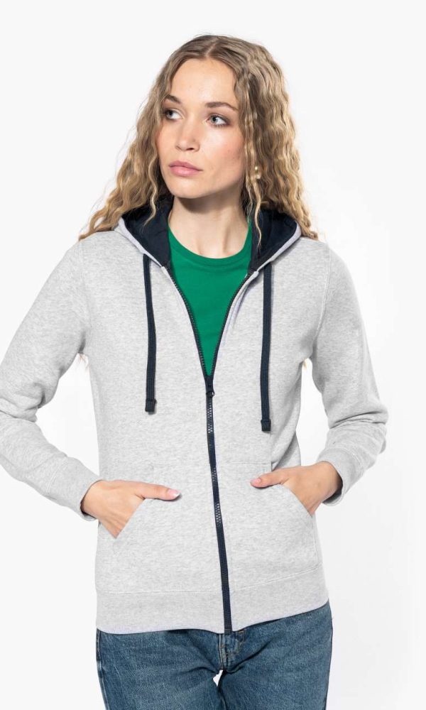 LADIES’ CONTRAST HOODED FULL ZIP SWEATSHIRT