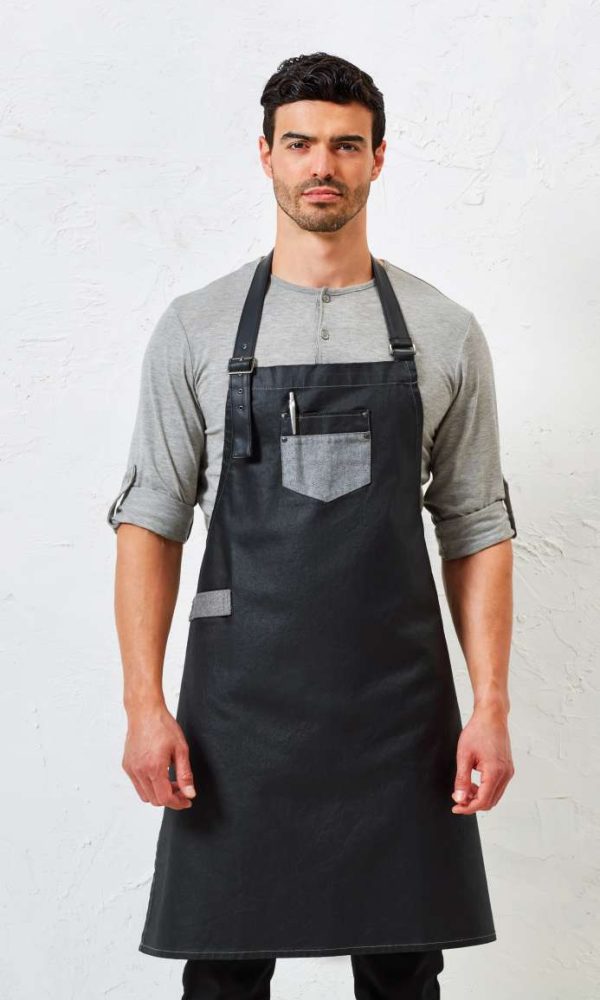 'DIVISION' WAXED LOOK DENIM BIB APRON WITH FAUX LEATHER