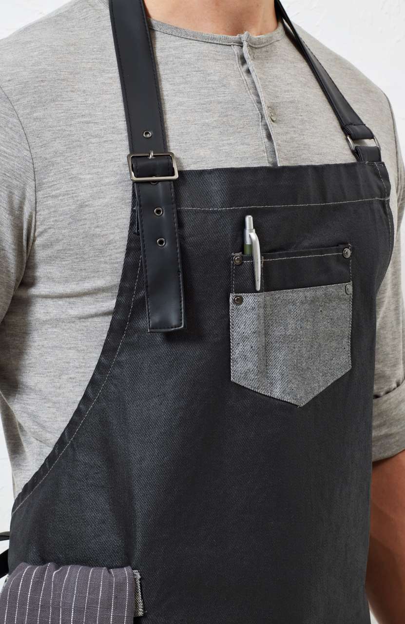 'DIVISION' WAXED LOOK DENIM BIB APRON WITH FAUX LEATHER - Slika 6