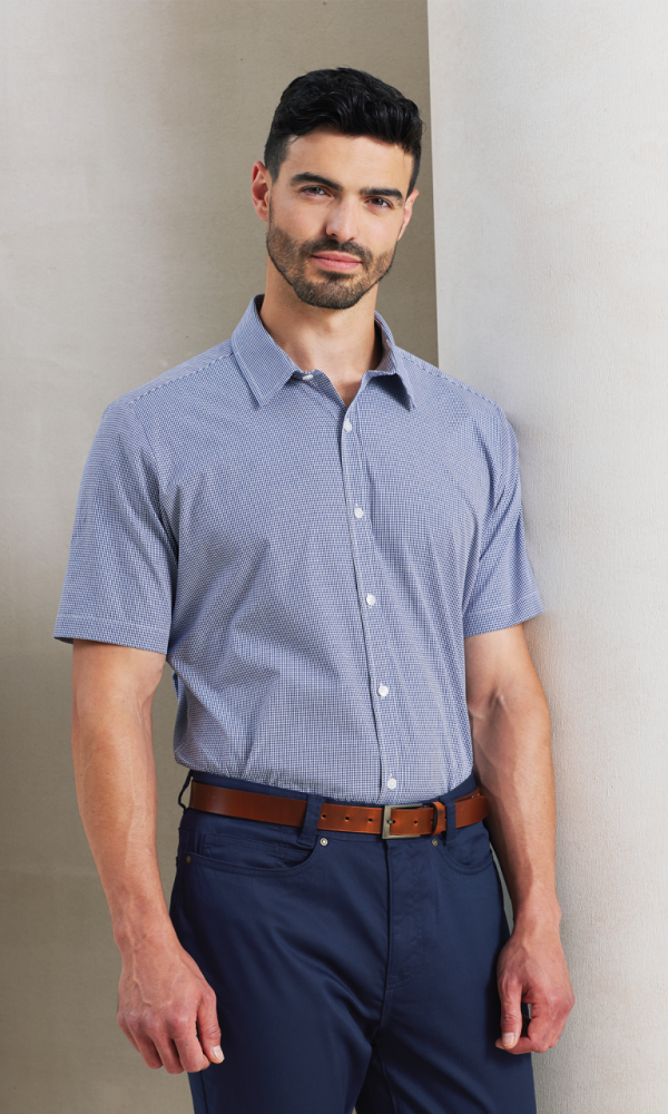 MEN'S SHORT SLEEVE GINGHAM COTTON MICROCHECK SHIRT