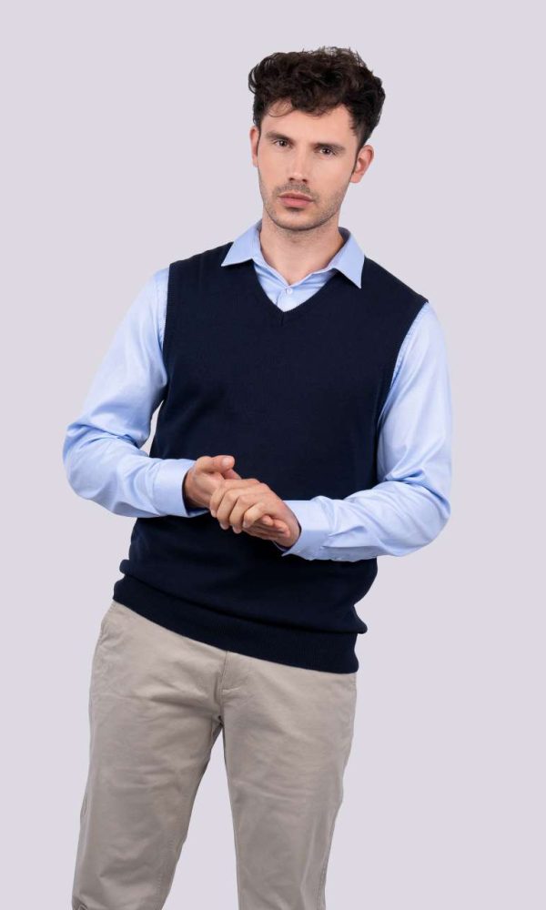 MEN’S V-NECK SLEEVELESS PULLOVER FINE GAUGE COTTON